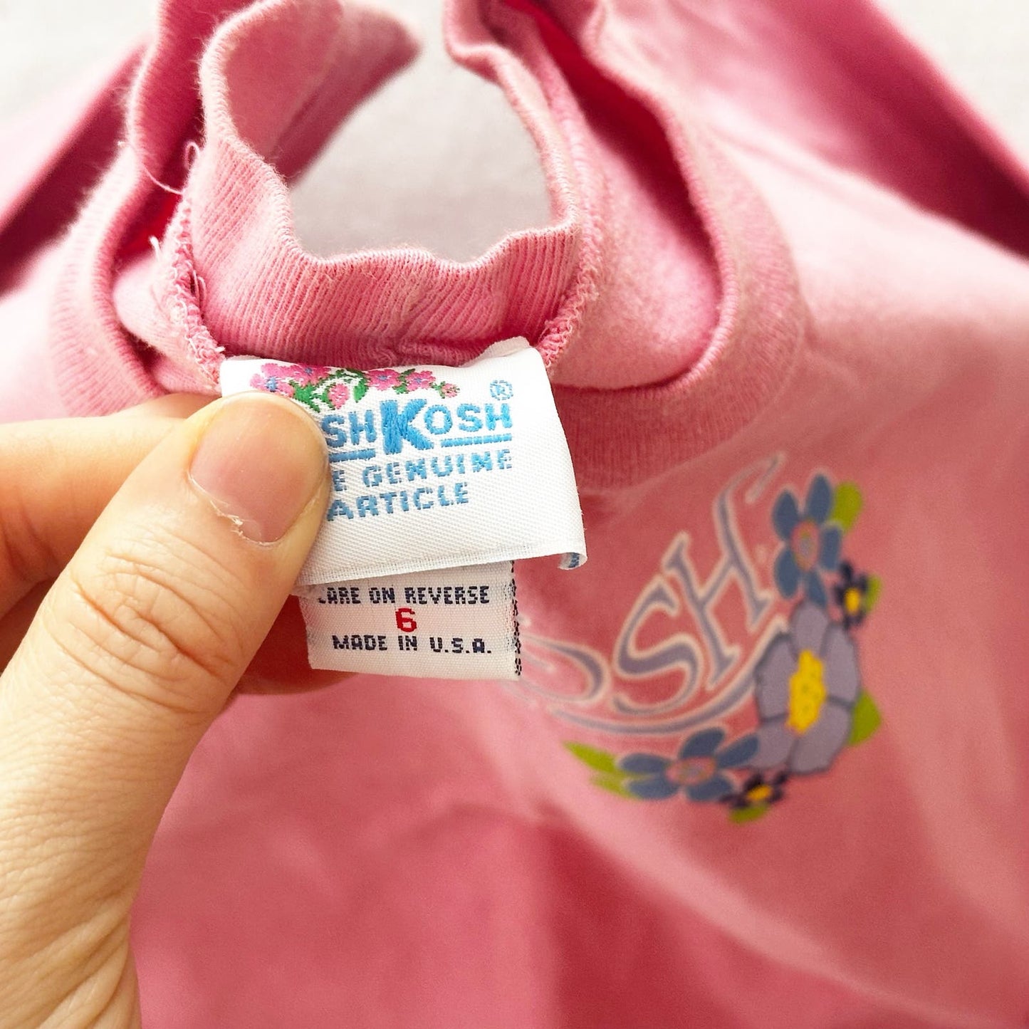 Vintage OshKosh Logo Pink Flower Long Sleeve Tee: 5T? - Yellow Clover Vintage Kids Clothes