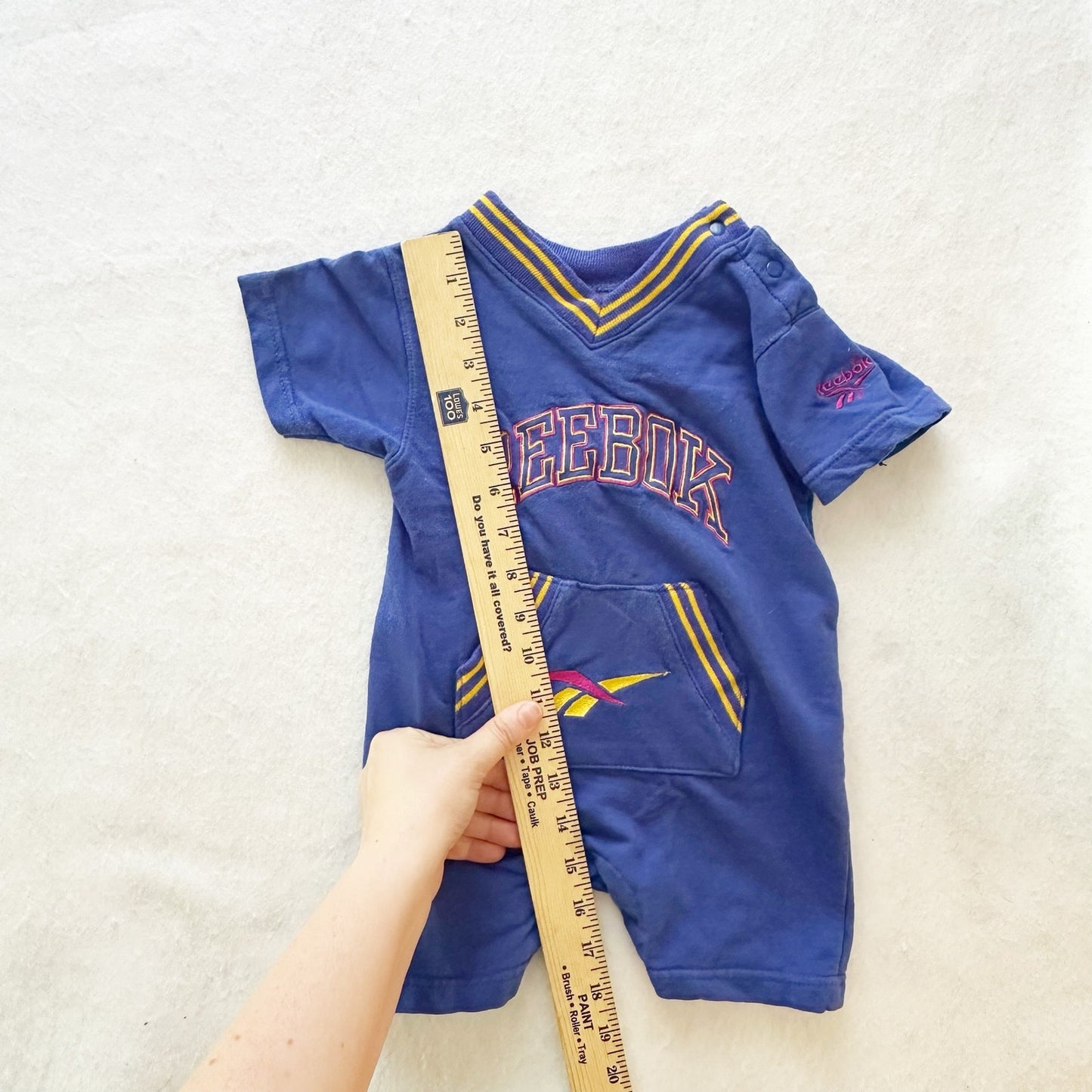 Y2K Reebok Logo Embroidered Baby Romper: 12m - Yellow Clover Vintage Kids Clothes