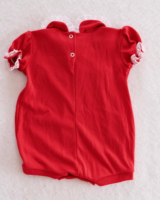 Vintage "Indiana" Embroidered Red Lace-Trim Bubble Romper: 18M - Yellow Clover Vintage Kids Clothes