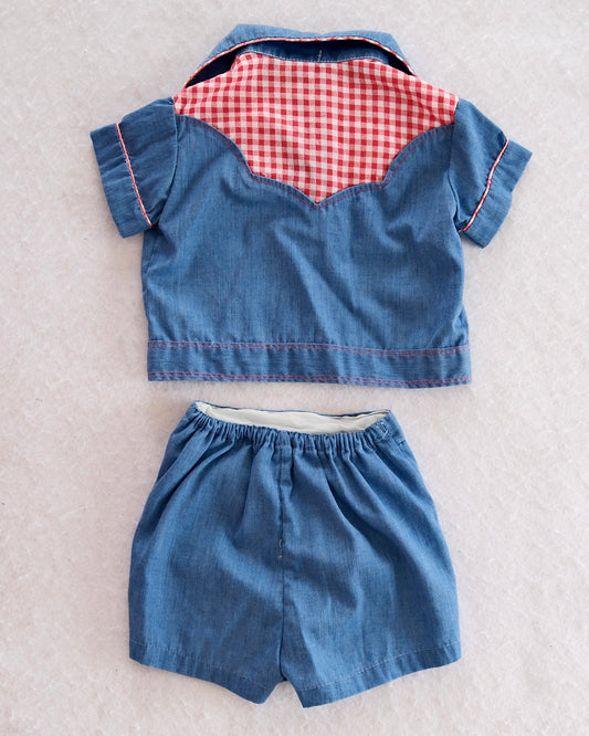 Vintage Chambray Western-Style Shirt & Shorts Two-Piece Set: 12m? - Yellow Clover Vintage Kids Clothes