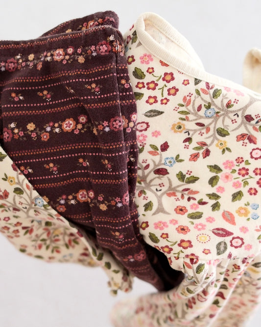 2006 Vintage Gymboree Harvest Leaves Cream Floral Dress + Brown Floral Leggings Set, size 3-3T
