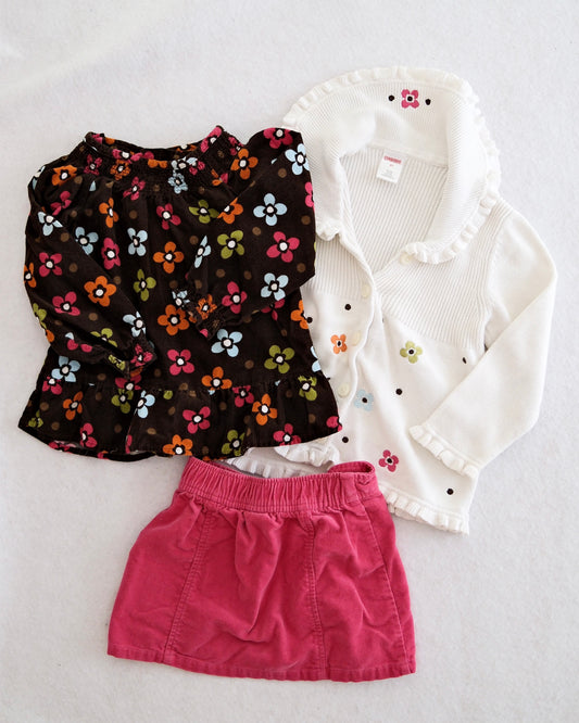 2009 Y2K Gymboree Fall Homecoming Floral Corduroy Top, Ruffle Cardigan & Cord Skirt Set, size 3T