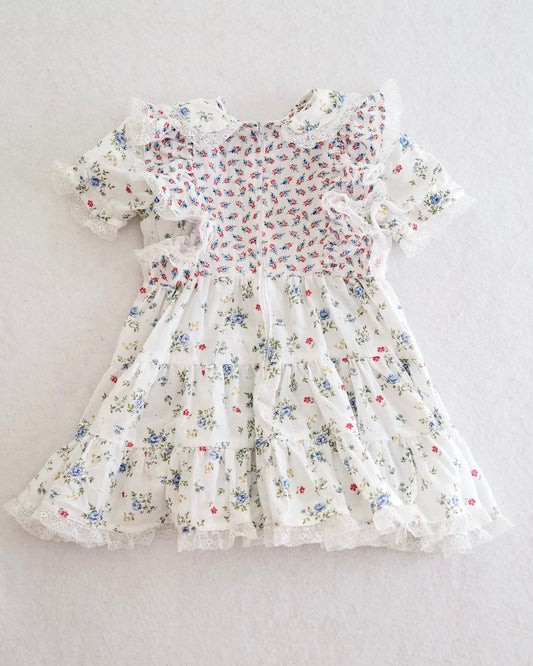 Vintage Handmade White Floral Circle Skirt Ruffled Prairie Dress, size 3T?