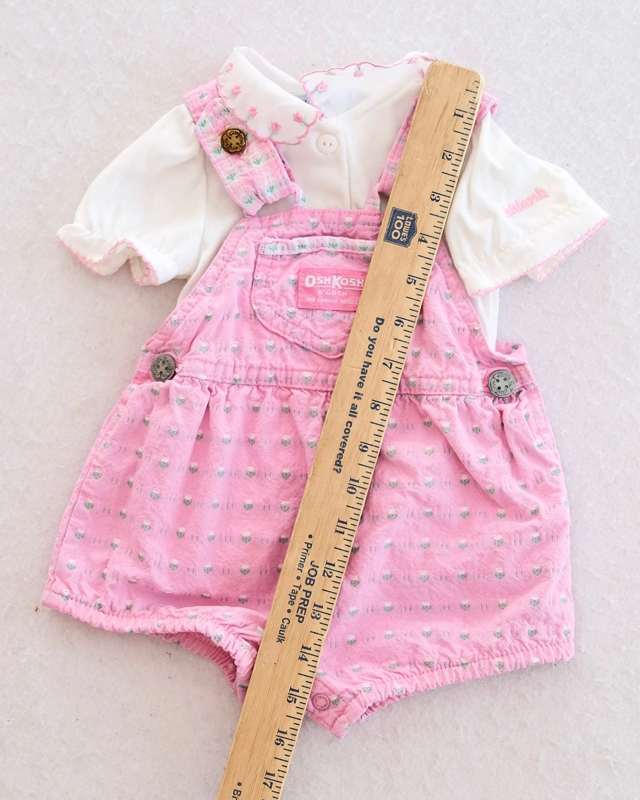 Vintage Baby OshKosh B'Gosh Pink Floral Woven Shortall + Embroidered Matching Top Set: 3/6m+