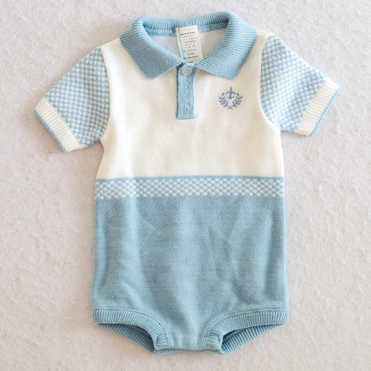 Vintage Blue & Cream Houndstooth Knit Baby Cardigan & Romper Set, 12M