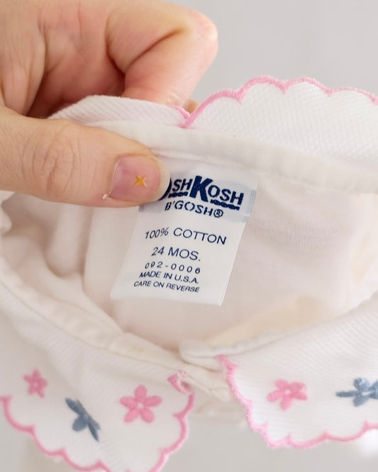 Vintage OshKosh B'Gosh White Embroidered Flower Puff Sleeve Toddler Bodysuit: 24 Months