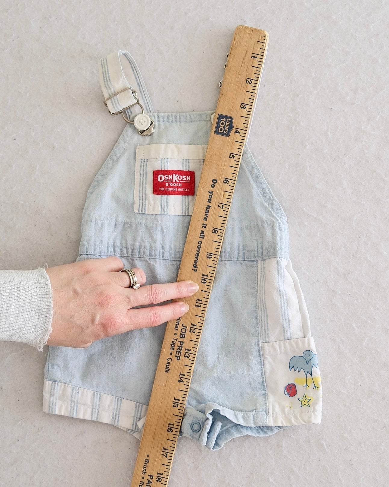 Vintage OshKosh B'Gosh Light Wash Baby Shortalls with Beach Graphic Pocket: 6-12m?