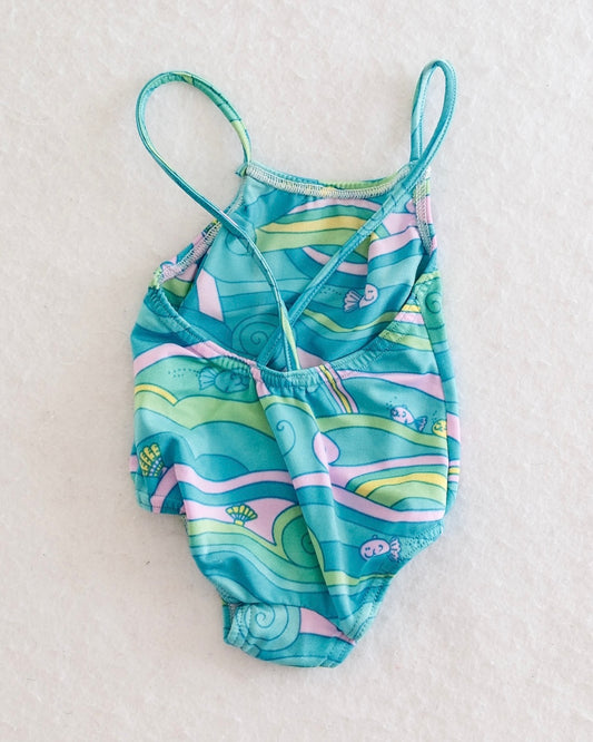 Vintage Carter's Baby Teal Wave and Fish Surf Print One-Piece Swimsuit: 18m?