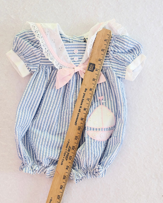 Vintage BT kids Blue Seersucker Sailor Sailboat Baby Romper: 3-6 Months