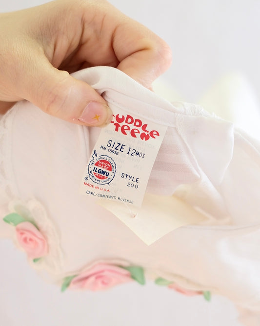 Vintage Cuddle Teen White Rose Appliqué Baby Dress: 12 Months