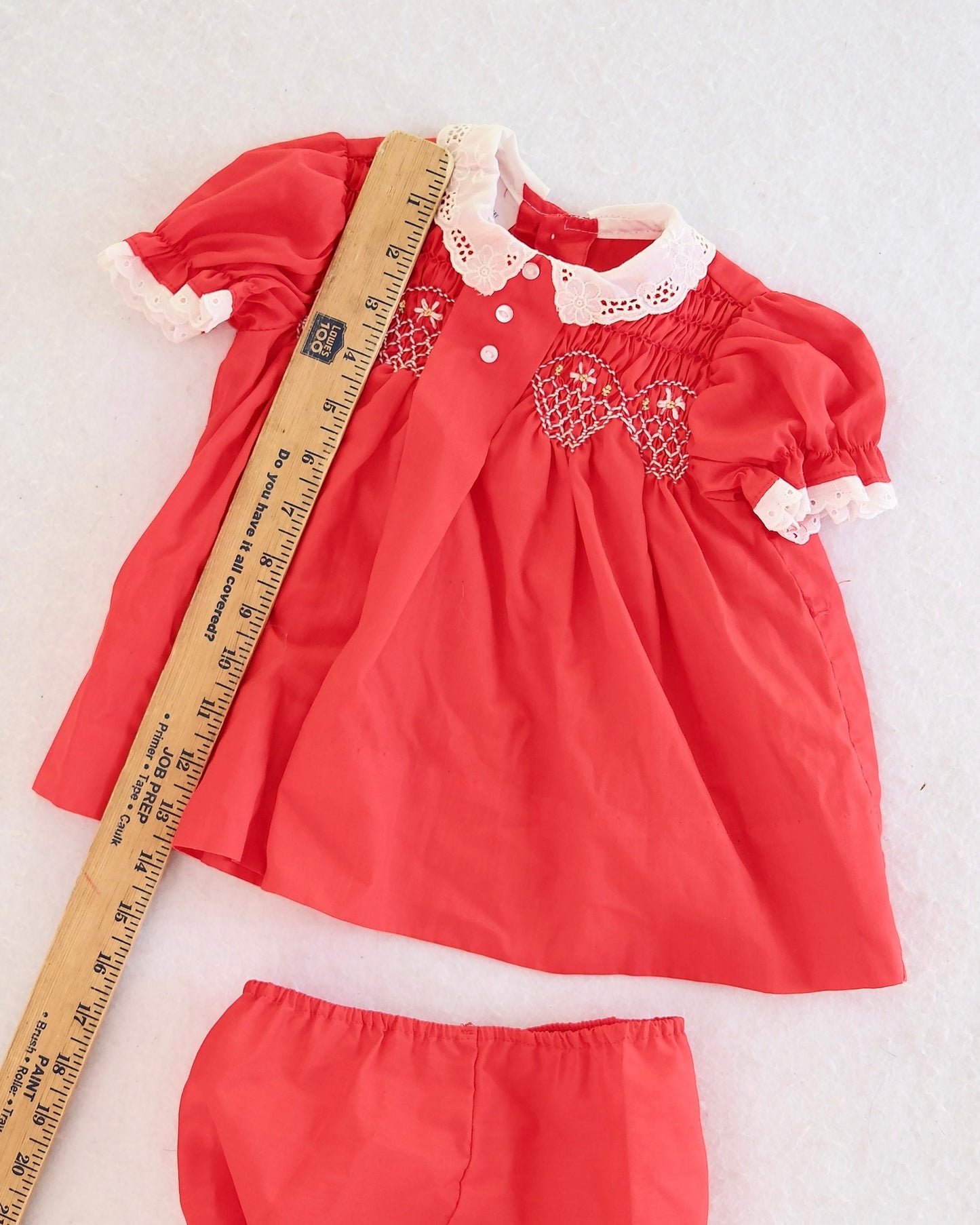 Vintage Polly Flinders Hand Smocked Red Heirloom Baby Dress and Bloomer Set: 12 Months