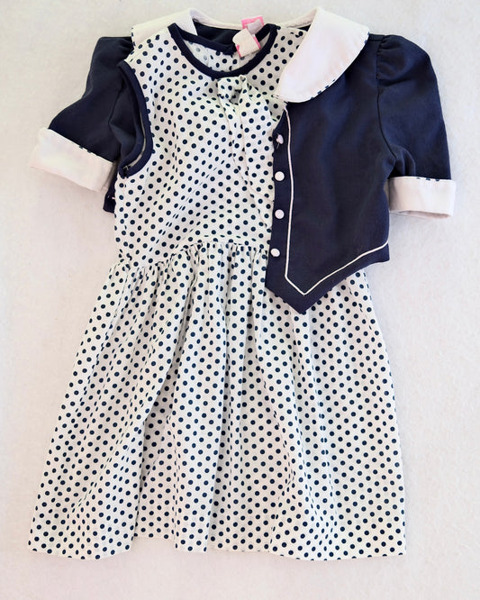 Vintage Miss Quality Navy and White Polka Dot Drop Waist Girls Dress with Jacket: Size 7