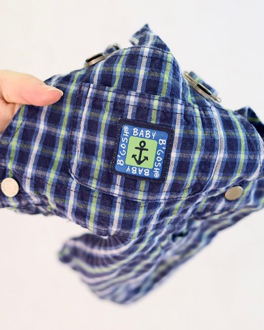 Vintage OshKosh B'Gosh Navy Plaid Overalls + Lime Green Bodysuit Baby Set: 3/6 Months