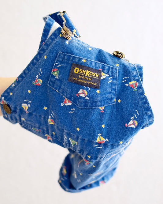 Vintage OshKosh B'Gosh Blue Sailboat Print Baby Short Overalls: 18 Months