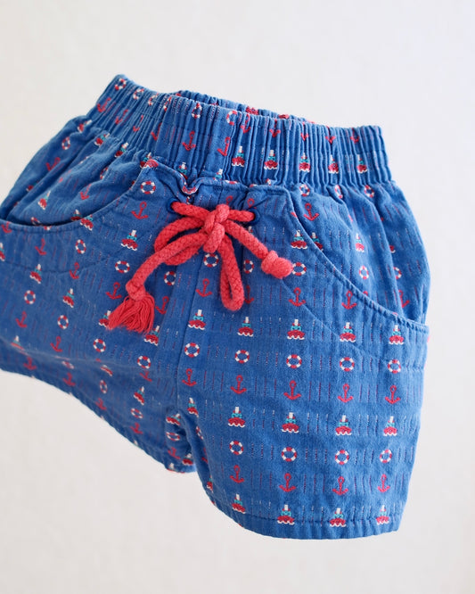 Vintage OshKosh B'Gosh Blue Nautical Woven Baby Drawstring Shorts: 12 Months