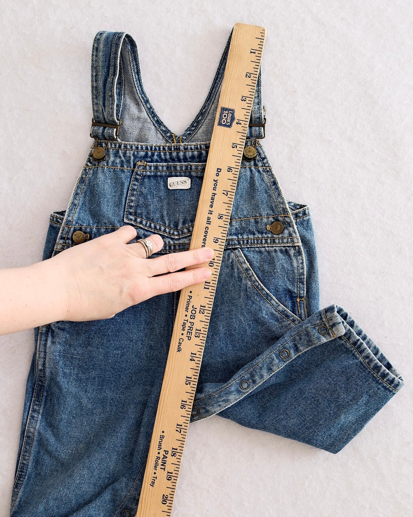 Vintage Baby Guess Medium Wash Denim Overalls with Triangle Logo Patch: 12 Months - Yellow Clover Vintage Kids Clothes