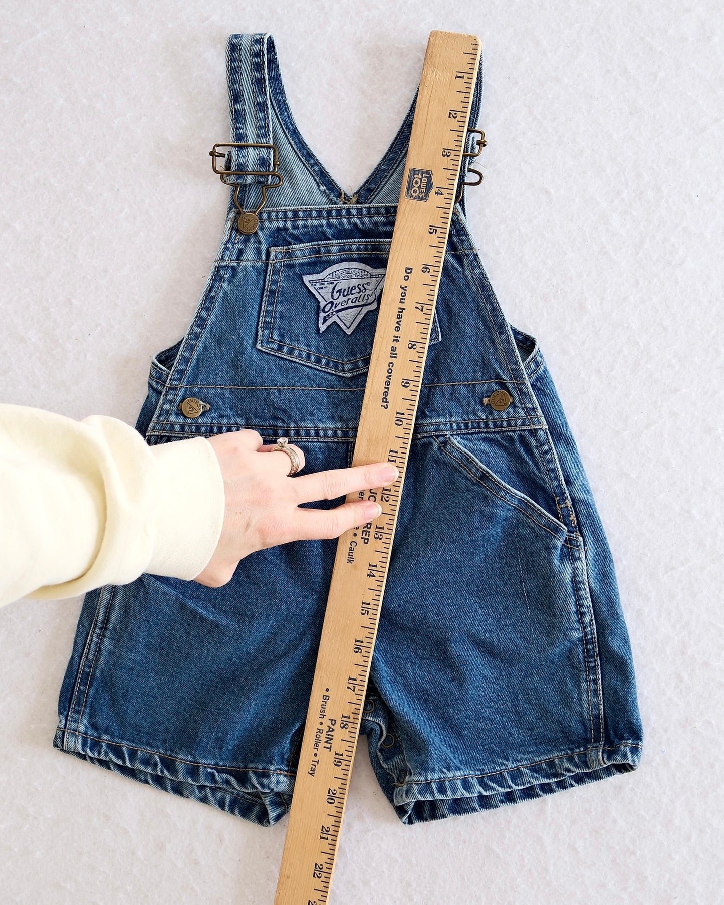 Vintage Guess Overalls Medium Wash Denim Shortalls with Triangle Logo Patch: 18M - Yellow Clover Vintage Kids Clothes