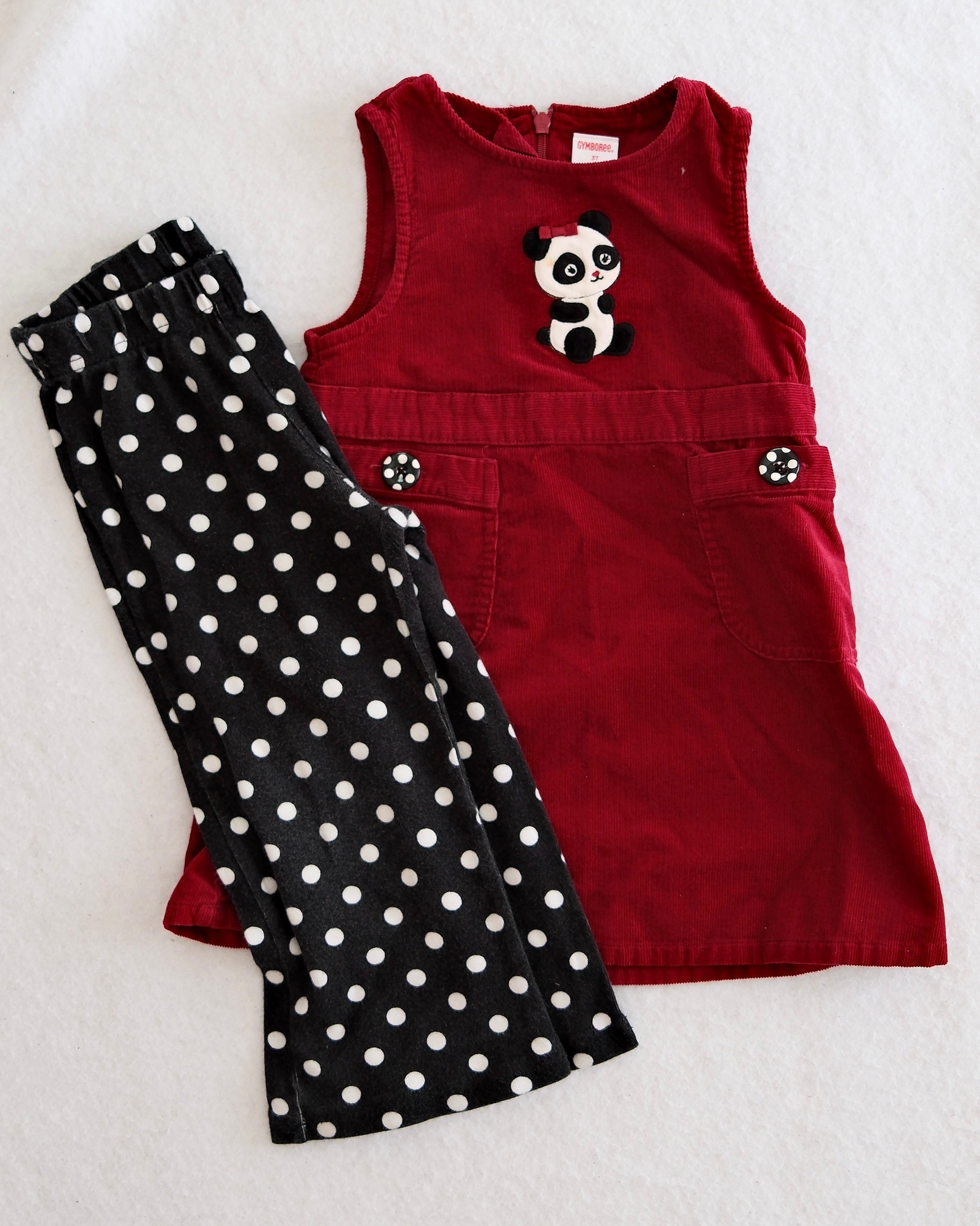 gymboree holiday dress 2008 Y2K Panda Corduroy Jumper & Polka Dot Pant – Yellow Clover Vintage Kids Clothes No stretch knit waist Girls Long Tonight's dinner. So easy Length:31.5