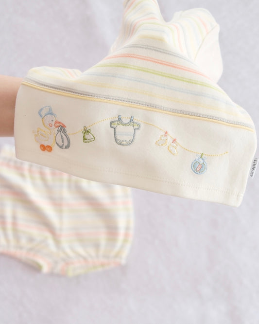 Vintage Little Me Pastel Stripe Stork Embroidered Two-Piece Set — NWT: 9M - Yellow Clover Vintage Kids Clothes