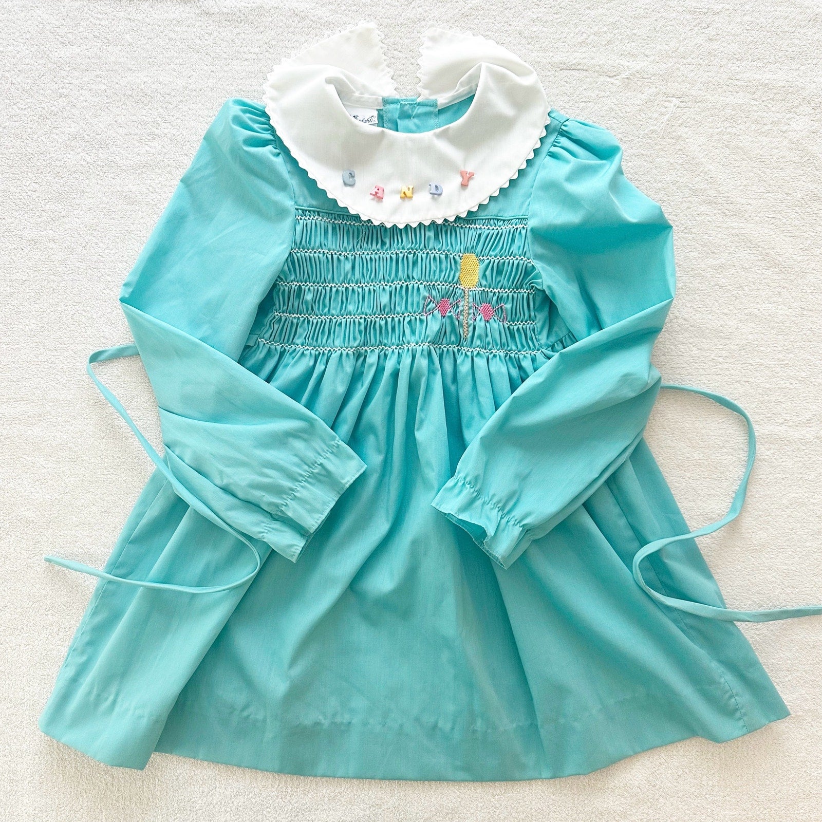 Vintage Polly Flinders Candy Embroidery Buttons Smocked Dress 6y