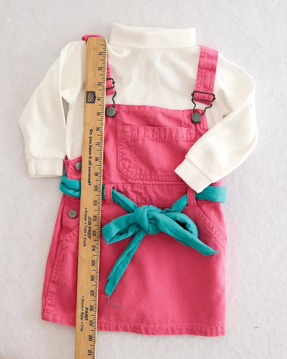Vintage Gap pink denim jumper dress with United Colors of Benneton teal tie belt + vintage Class Club white turtleneck