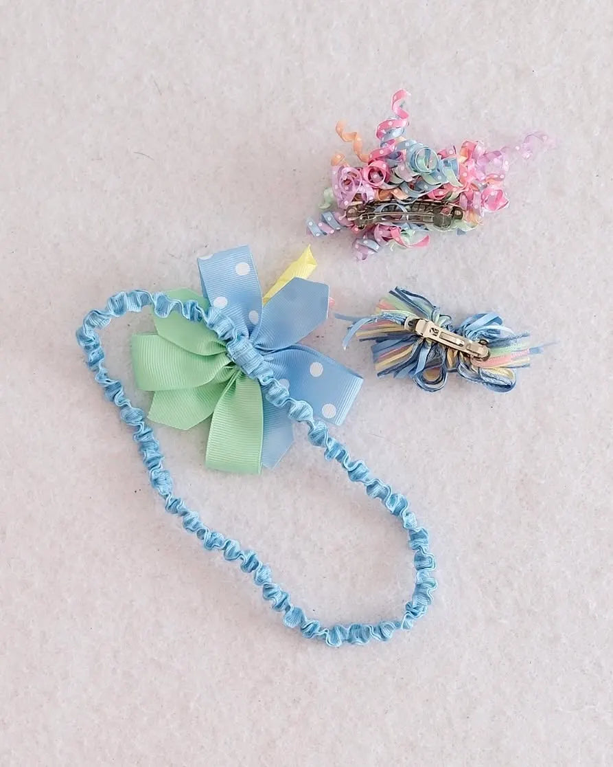 Vintage pastel blue + mint ribbon bow headband + 2 ribbon hair clips