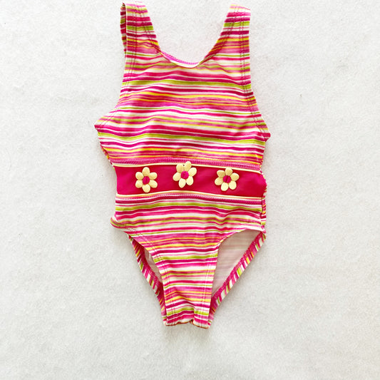 Y2K Wave Zone Striped Daisy Swimsuit: 12m - Yellow Clover Vintage Kids Clothes