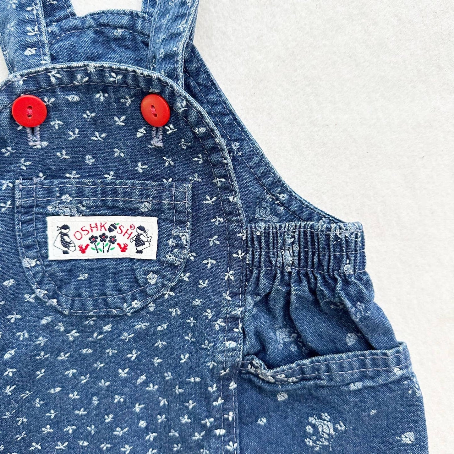Vintage OshKosh Floral Denim Skirtall Jumper: 12m - Yellow Clover Vintage Kids Clothes