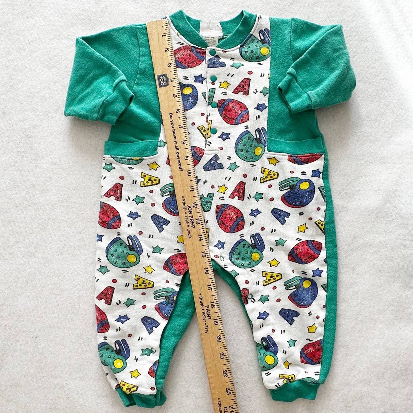 Vintage McKids Football Print Green Sweatshirt Romper: 18m? - Yellow Clover Vintage Kids Clothes