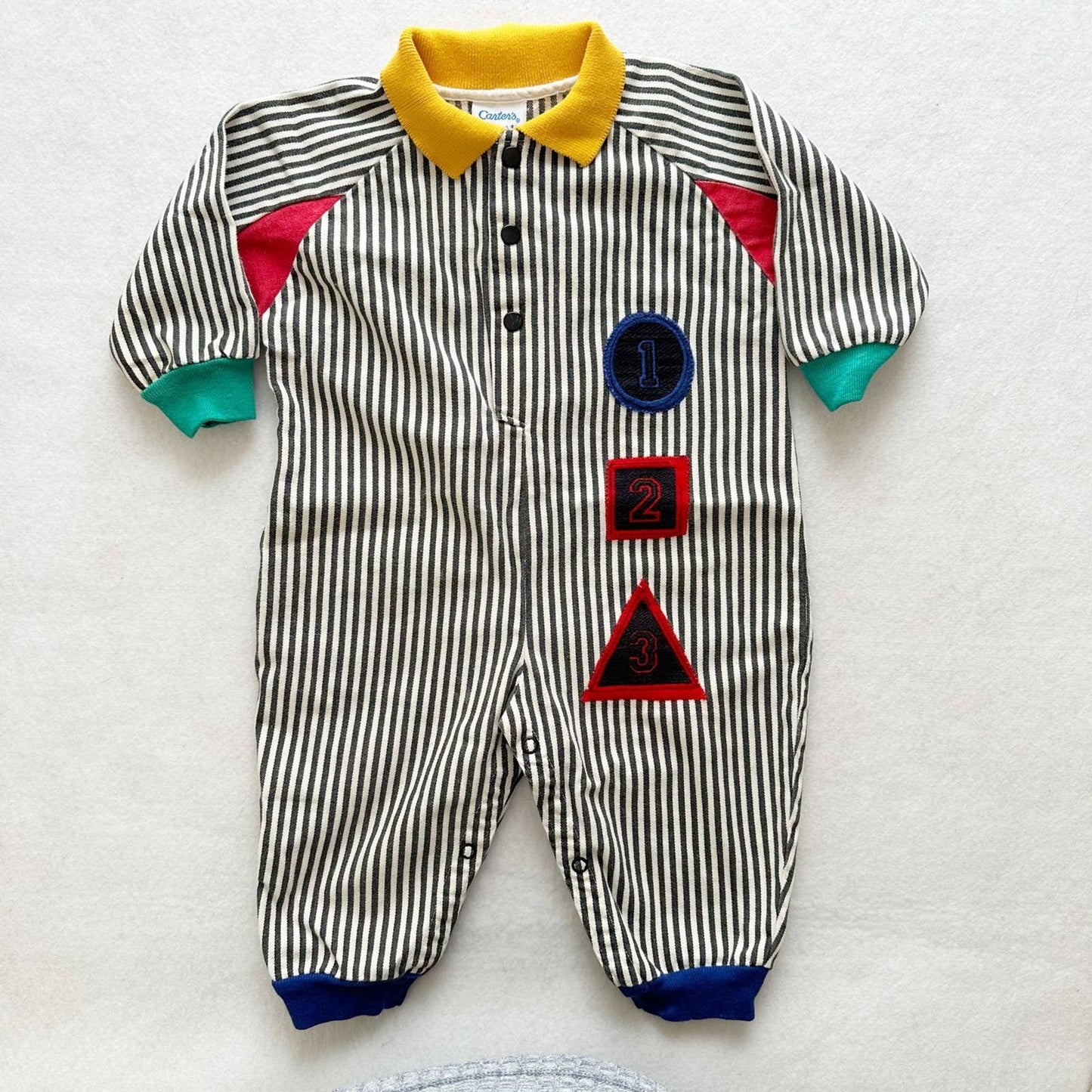 Vintage Carter’s Striped Numbers Jumpsuit Romper - Yellow Clover Vintage Kids Clothes