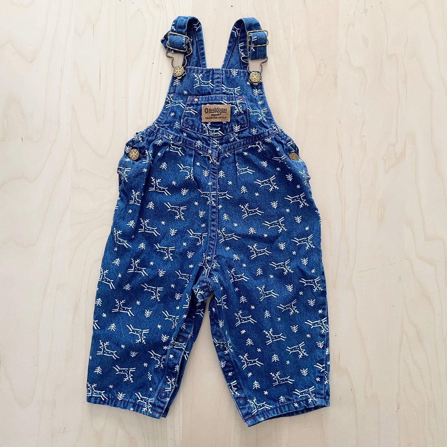 OshKosh Reindeer Print Denim Overalls - Yellow Clover Vintage Kids Clothes