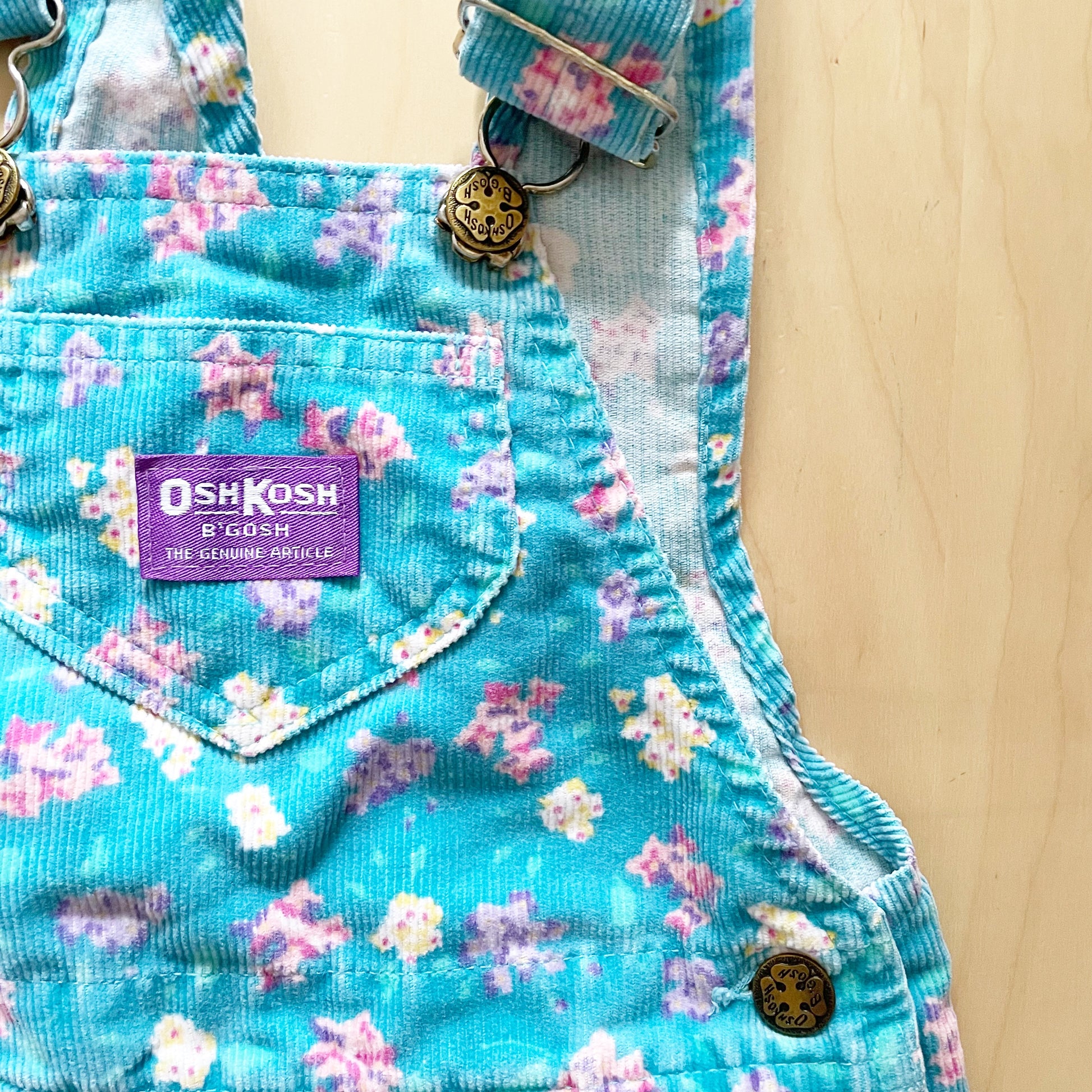 OshKosh Turquoise Floral Cord Overalls - Yellow Clover Vintage Kids Clothes