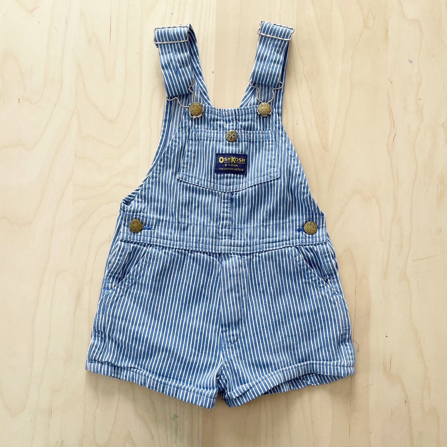 OshKosh Medium Blue Hickory Striped Shortalls - Yellow Clover Vintage Kids Clothes
