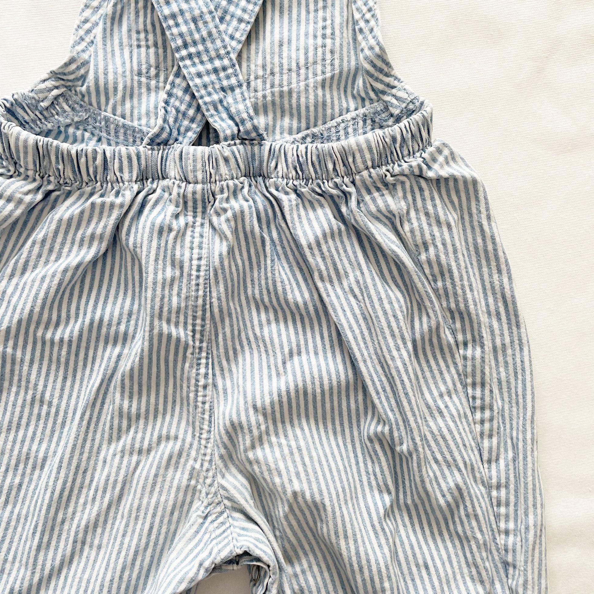 OshKosh Light Blue Striped Gingham Bubble Overalls - Yellow Clover Vintage Kids Clothes
