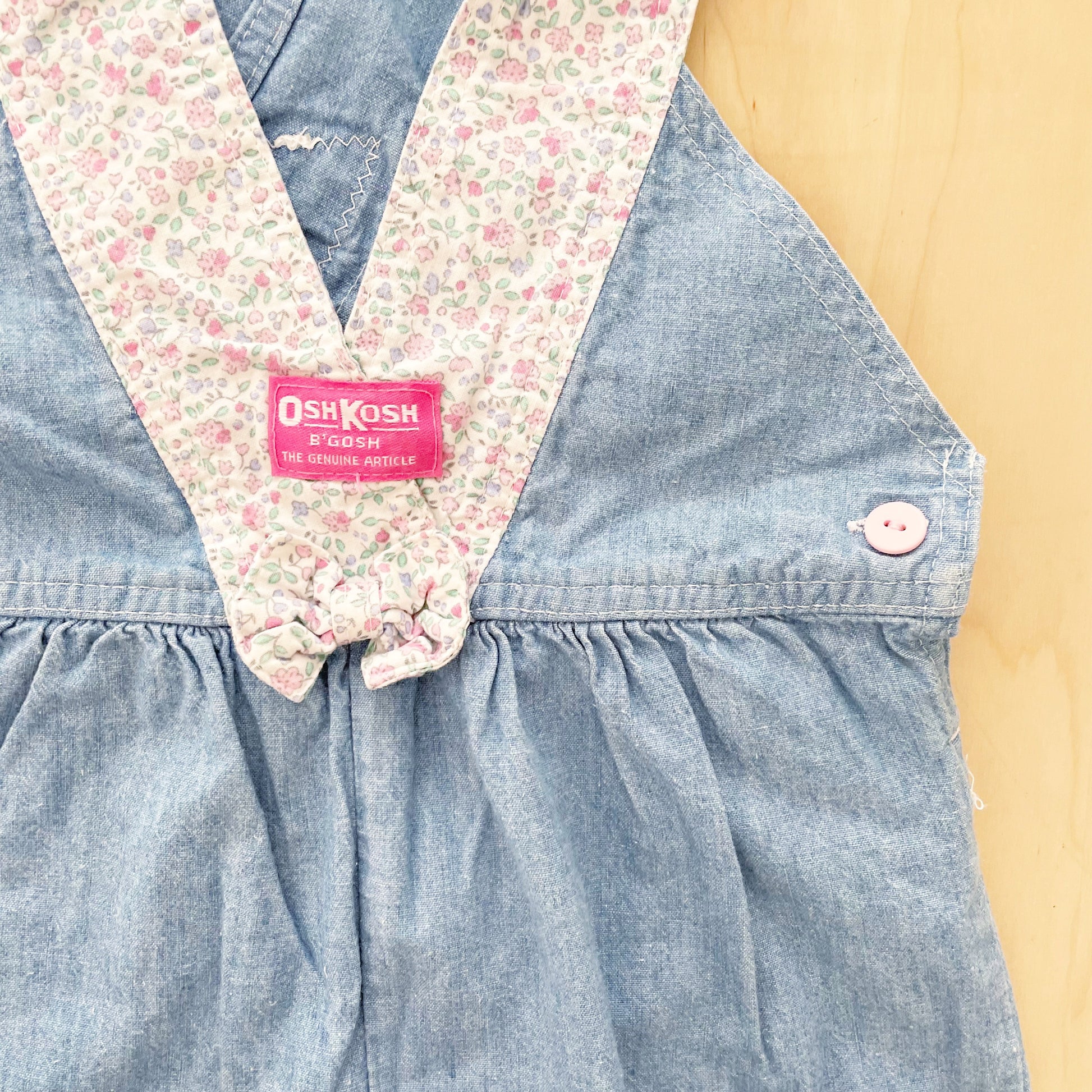 OshKosh Chambray Floral Bow Front Shortalls - Yellow Clover Vintage Kids Clothes