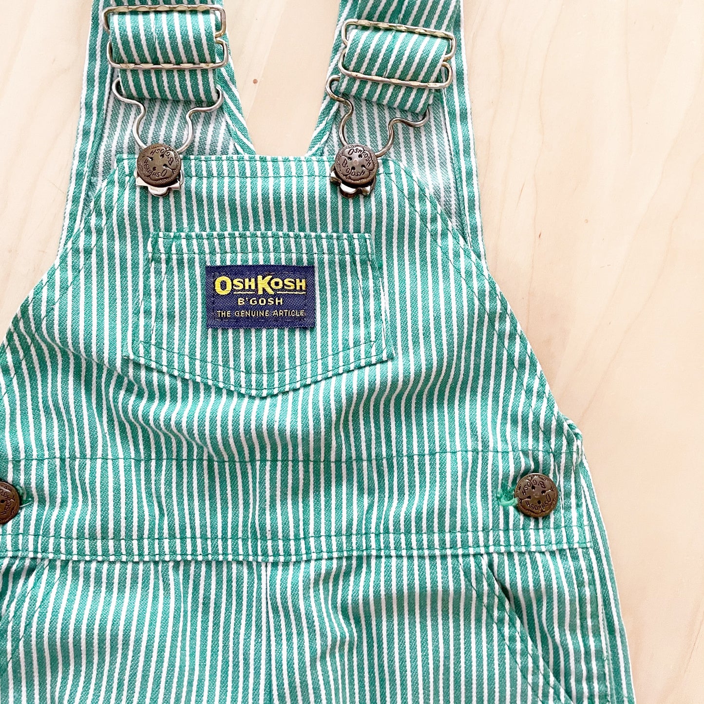 Vintage OshKosh Green Engineer Stripe Overalls - Yellow Clover Vintage Kids Clothes