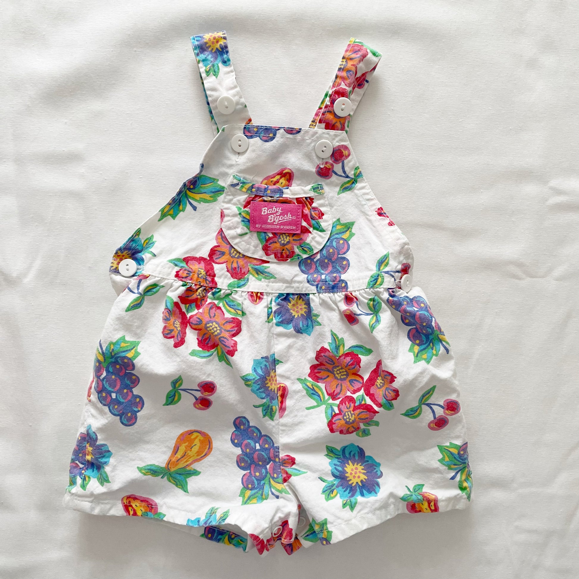 Baby B’gosh Bright Floral Fruit Print Shortalls - Yellow Clover Vintage Kids Clothes