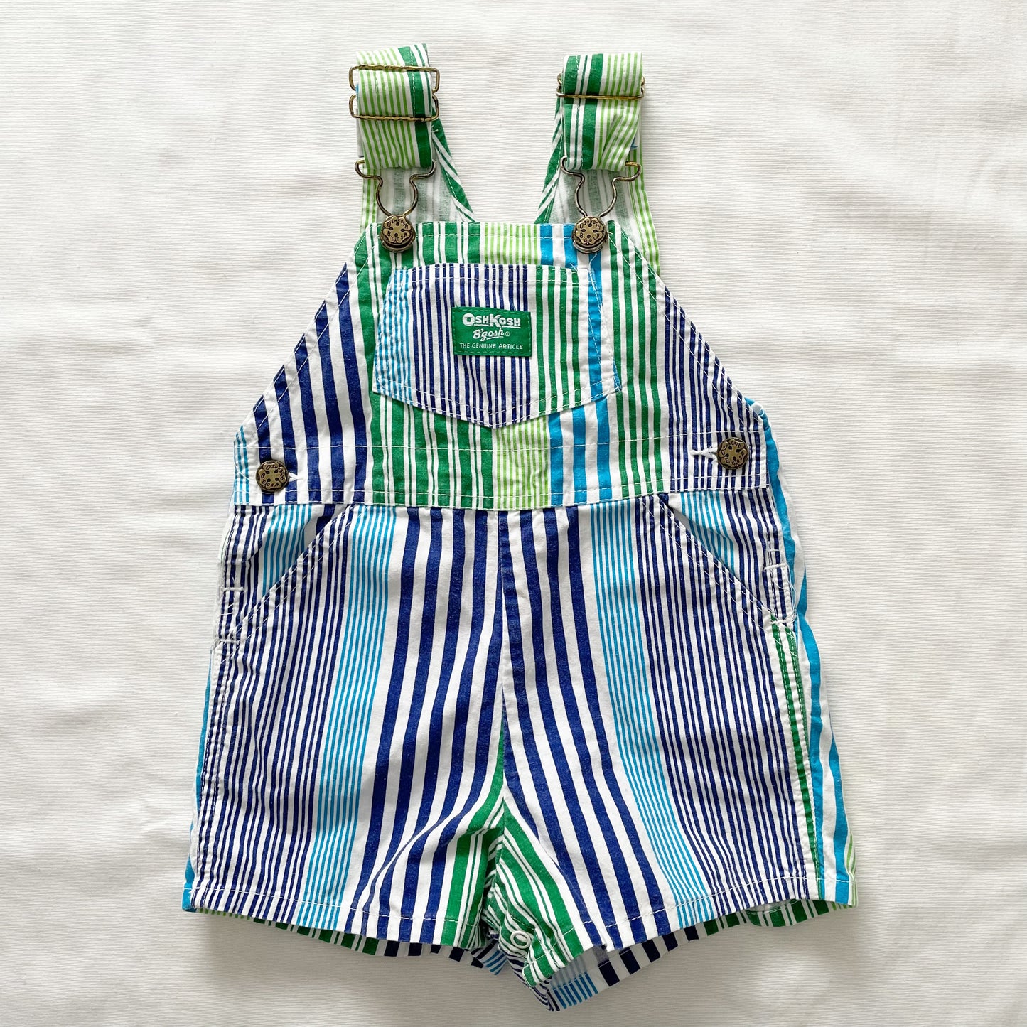 OshKosh Blue and Green Striped Shortalls - Yellow Clover Vintage Kids Clothes