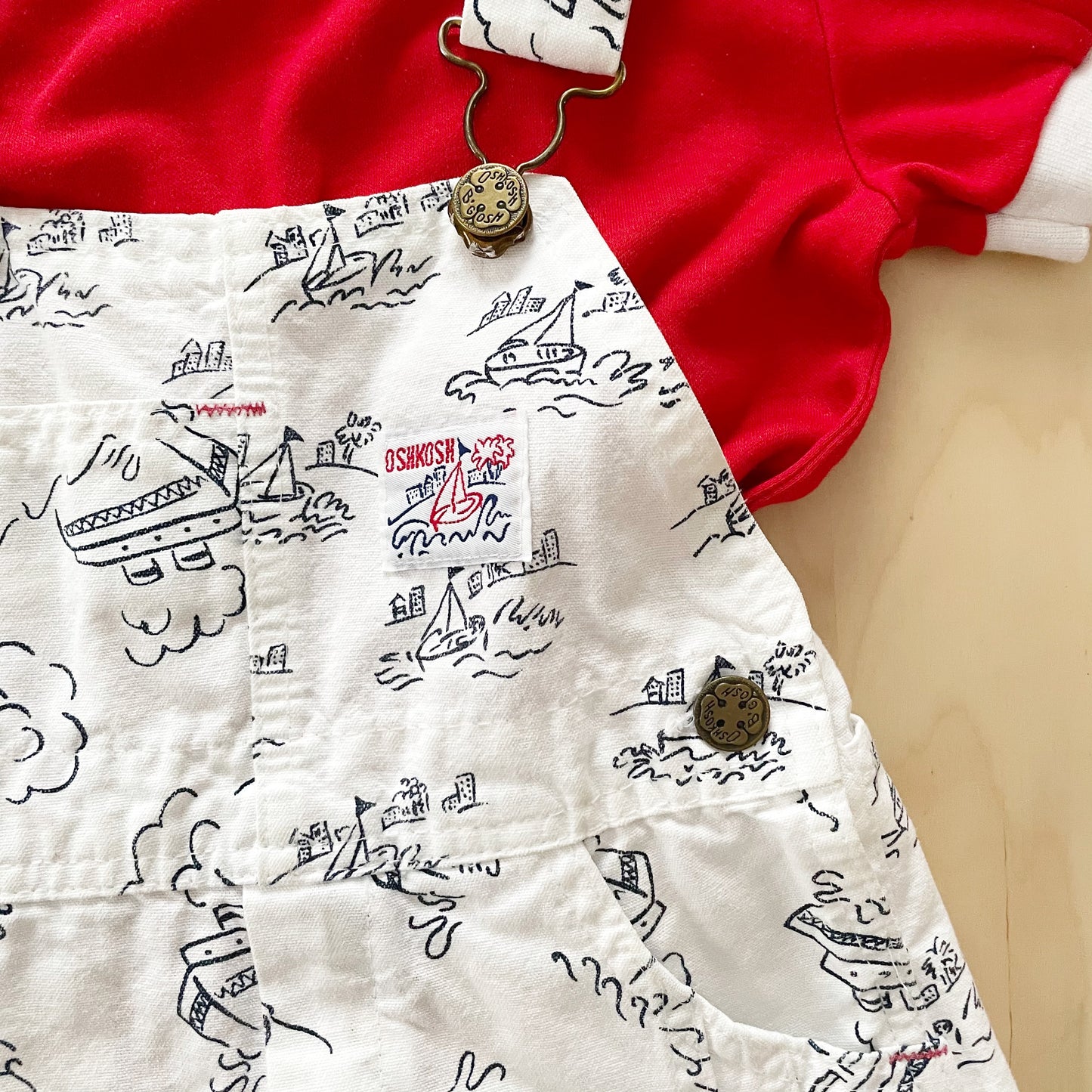 OshKosh Sailboat Print Shortalls Set - Yellow Clover Vintage Kids Clothes