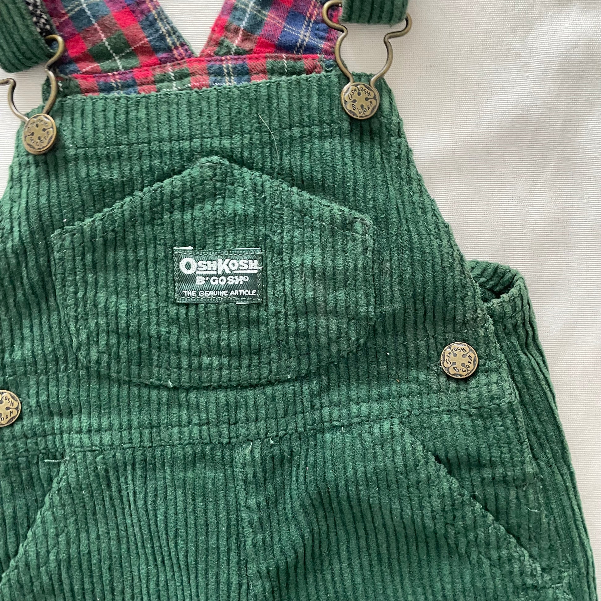 OshKosh Chunky Cord Overalls with Plaid Accents - Yellow Clover Vintage Kids Clothes