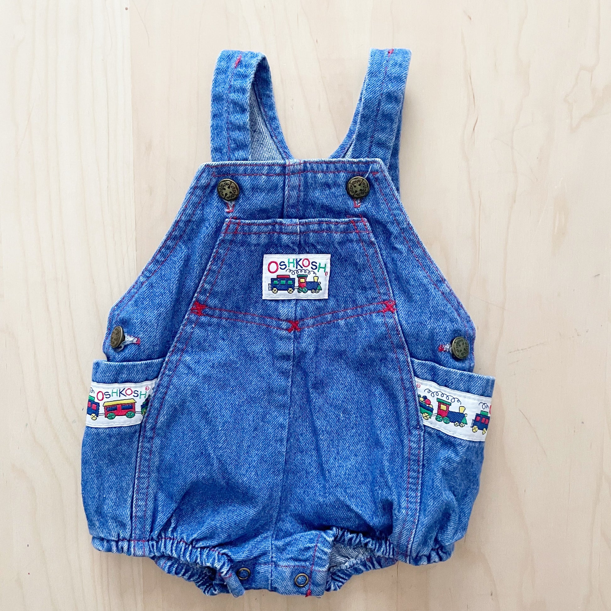 Vintage OshKosh Blue Wash Denim Train Bubble Overalls