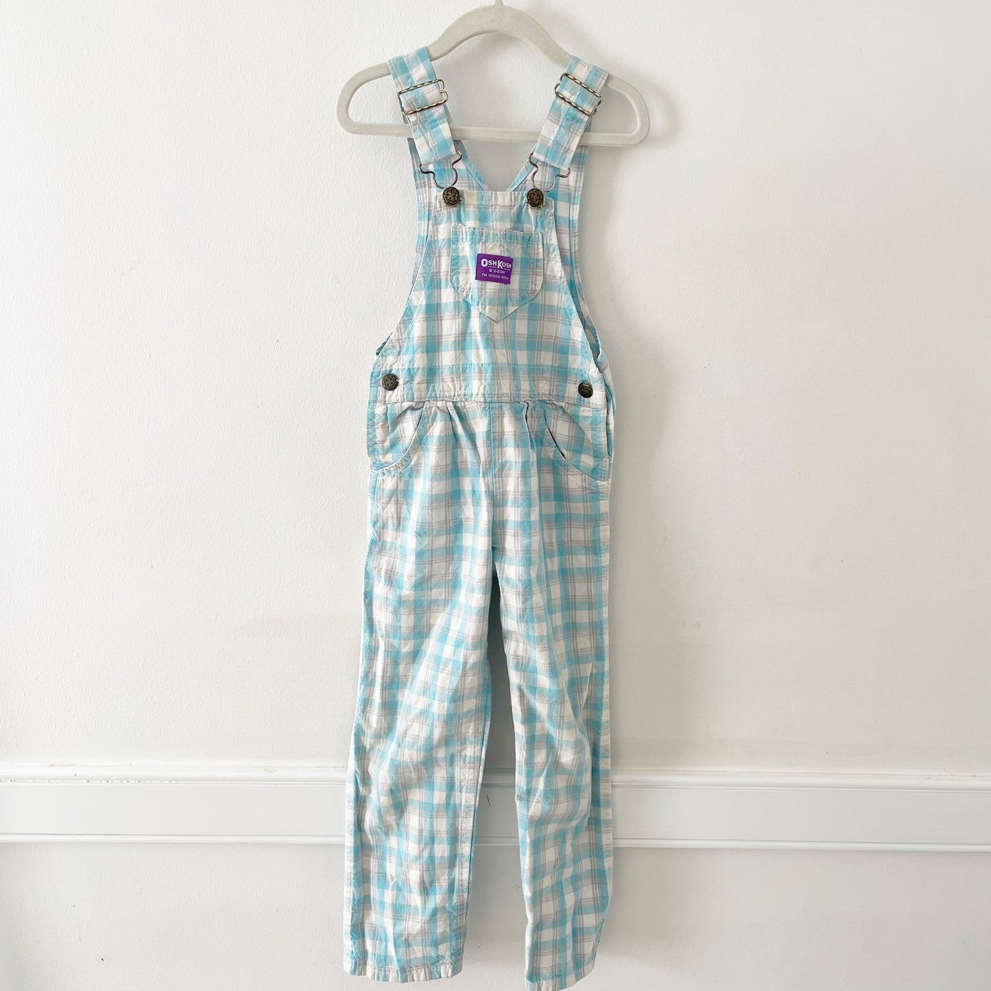 OshKosh Light Turquoise Plaid Overalls - Yellow Clover Vintage Kids Clothes
