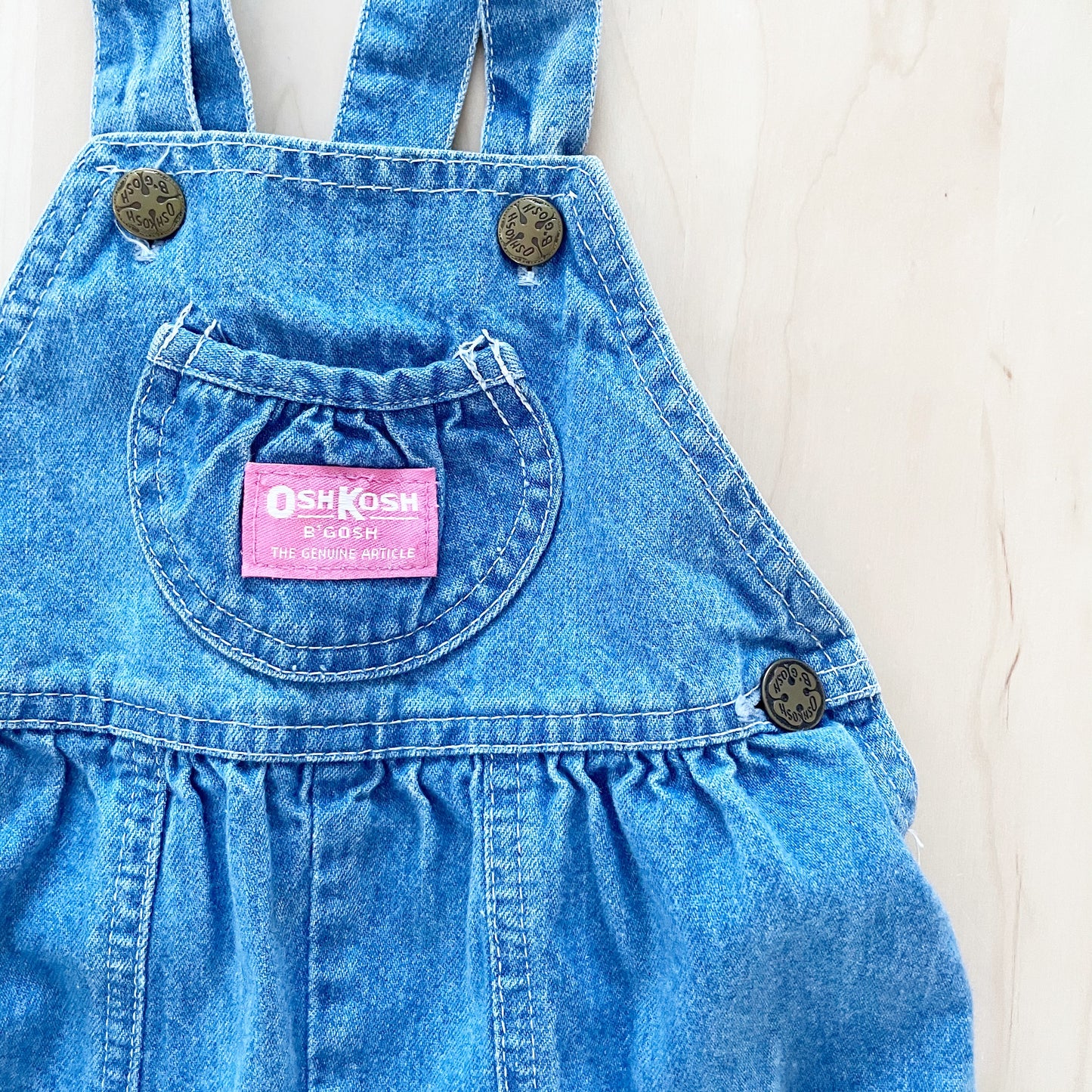 Vintage OshKosh Medium-Light Wash Bubble Overalls - Yellow Clover Vintage Kids Clothes
