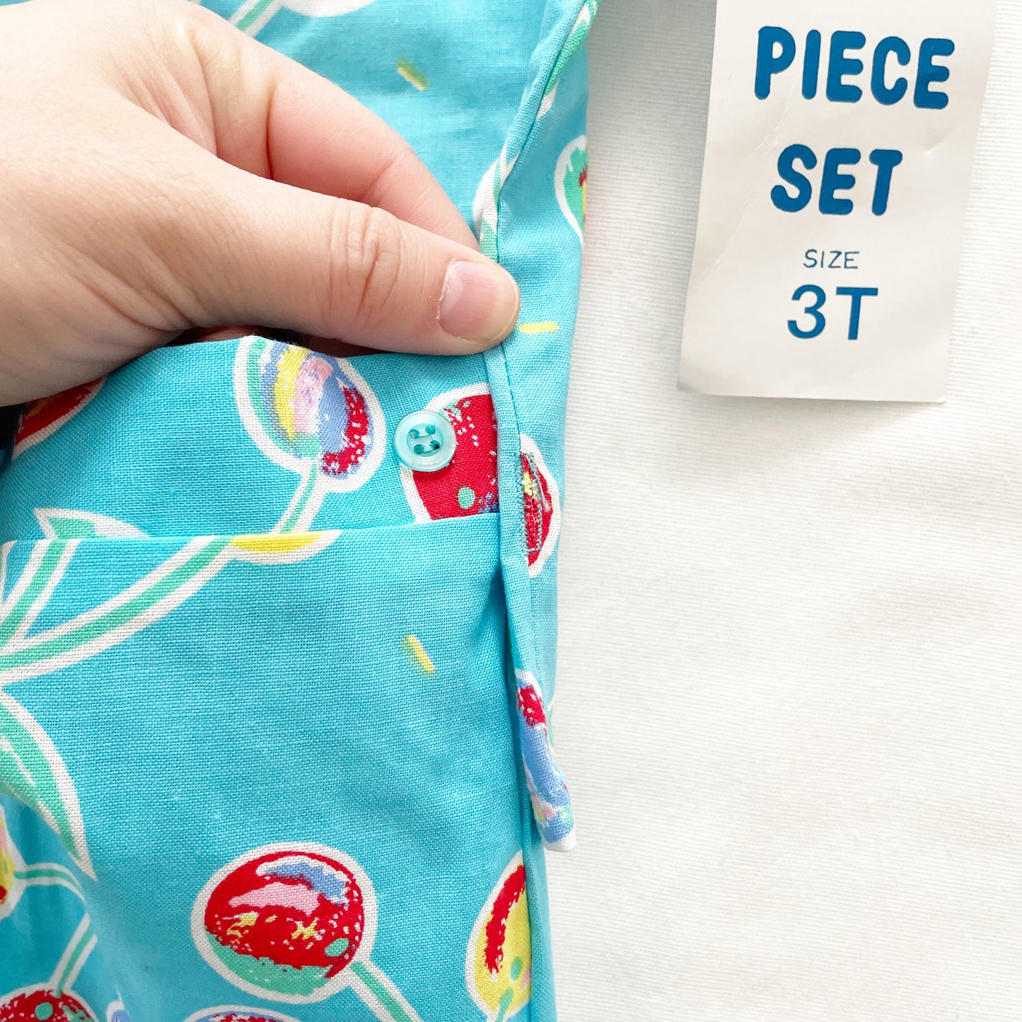 Turquoise Cherry Print Button Up Set • 3T - Yellow Clover Vintage Kids Clothes