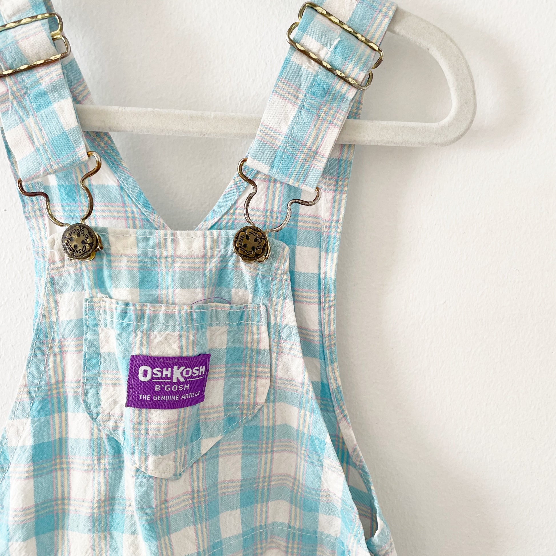 OshKosh Light Turquoise Plaid Overalls - Yellow Clover Vintage Kids Clothes