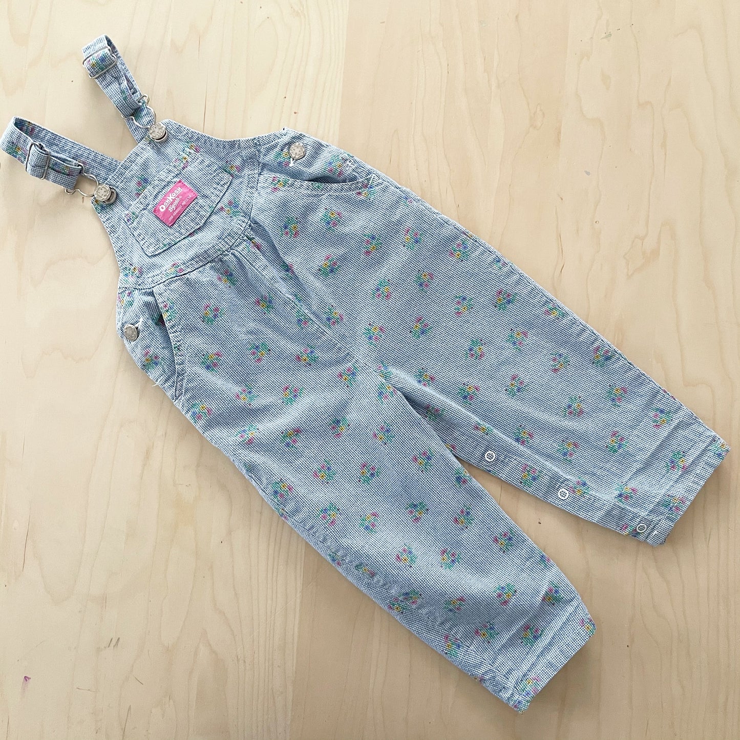 Vintage OshKosh Floral Houndstooth Overalls - Yellow Clover Vintage Kids Clothes