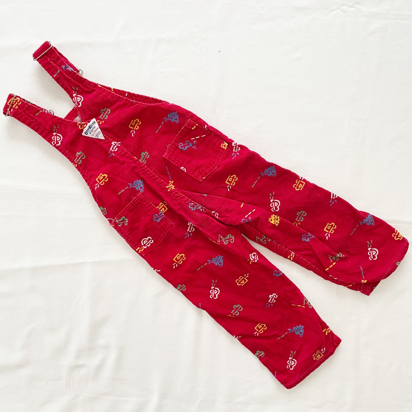 OshKosh Red Cord Vehicles Print Overalls - Yellow Clover Vintage Kids Clothes