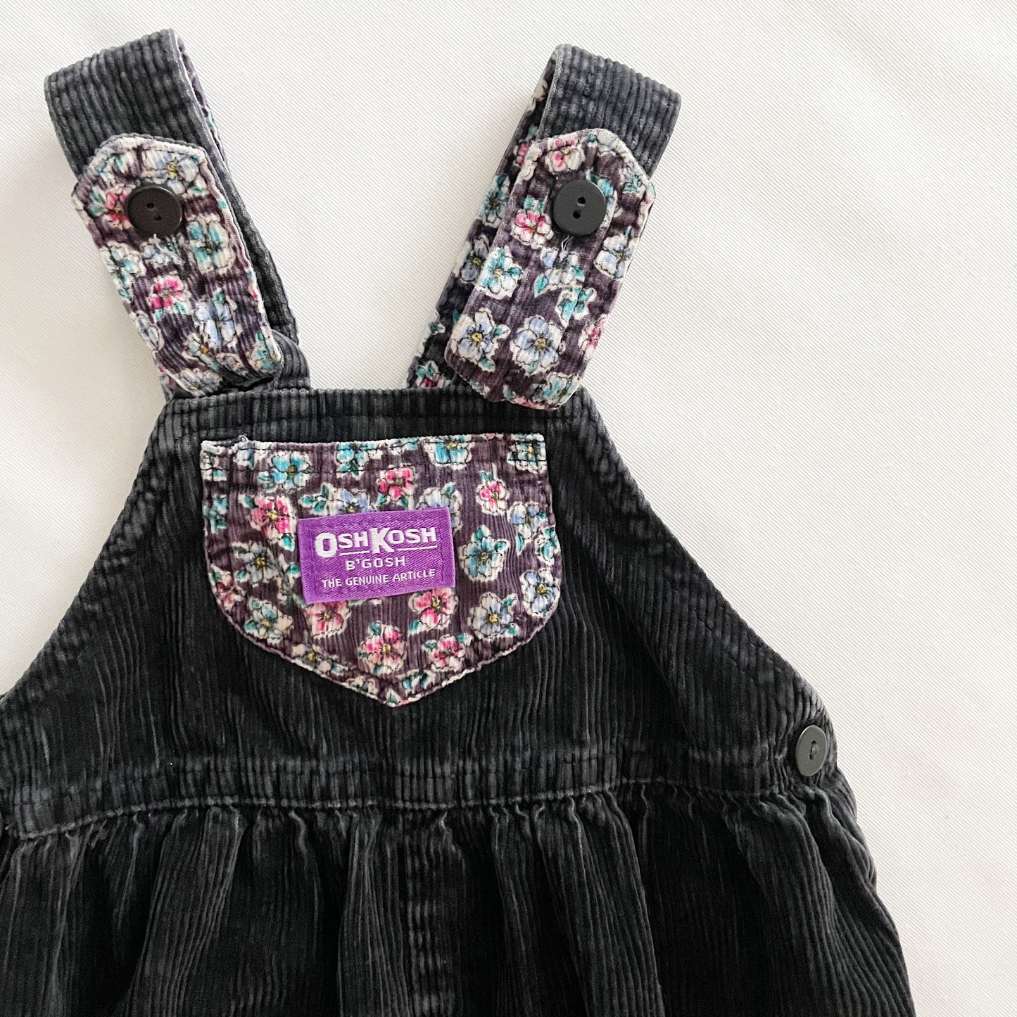 OshKosh Black Floral Bow Back Cord Overalls - Yellow Clover Vintage Kids Clothes