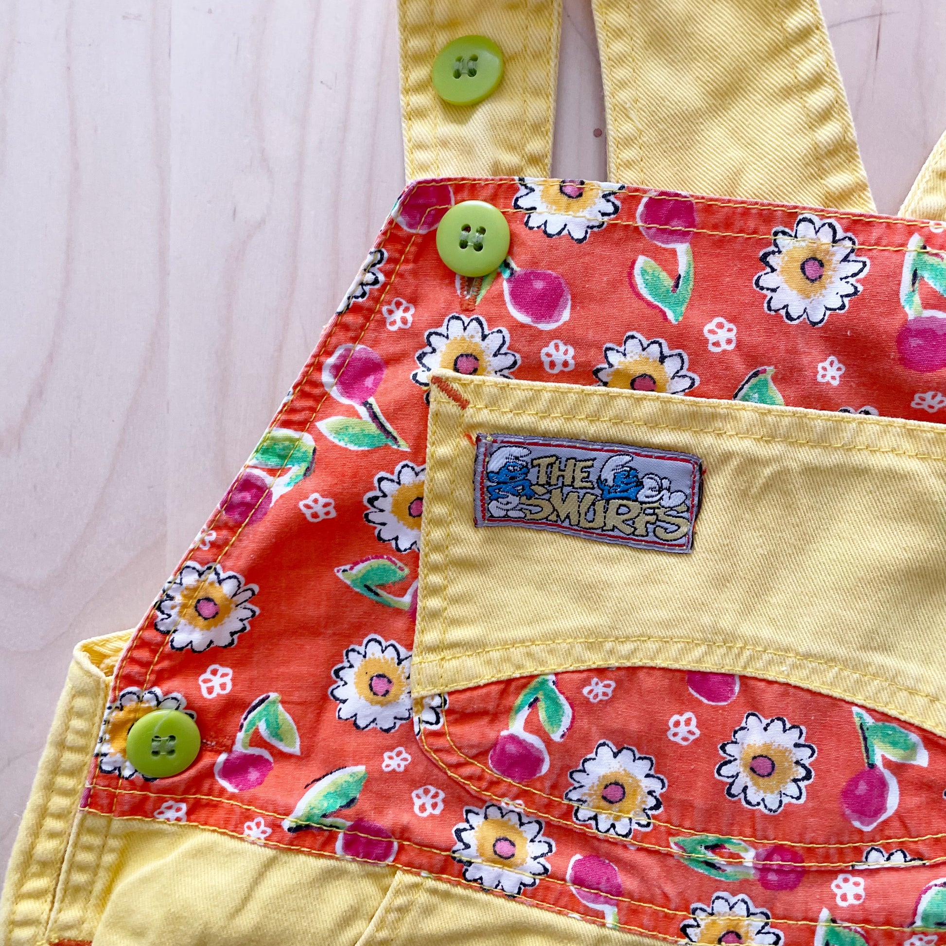 Smurfs Yellow Floral Shortalls - Yellow Clover Vintage Kids Clothes