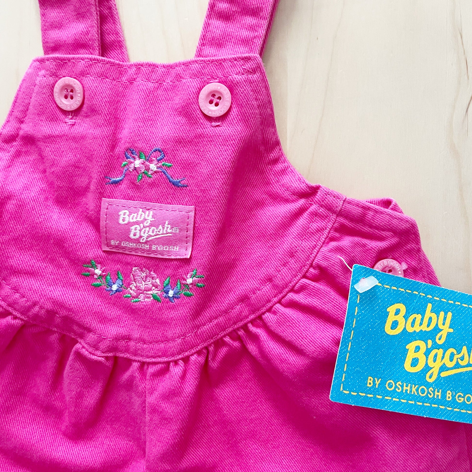 OshKosh Pink Floral Embroidered Overalls - Yellow Clover Vintage Kids Clothes